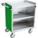 A Lakeside stainless steel utility cart with green shelves and an enclosed base.