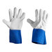 A pair of Cordova white and blue grain goatskin welder's gloves with blue split leather cuffs.