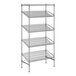 A chrome wire shelving unit with angled shelves.
