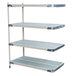 A MetroMax i add-on shelving kit with 3 shelves on a grey plastic grate.