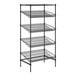 A black wire shelving unit with five angled shelves.