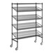 A black wire shelving unit with wheels.