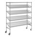 A Regency chrome mobile wire shelving unit with angled shelves and wheels.