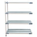 A white rectangular MetroMax polymer shelf with holes for four tiers.