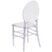 A Flash Furniture Elegance Chiavari clear plastic chair with an oval back.