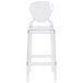 A clear plastic bar stool with a backrest.