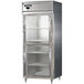 A stainless steel Continental reach-in refrigerator with glass doors.