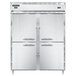 A white refrigerator with silver handles and two doors.