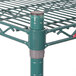 A green metal Metroseal wire shelving unit with metal poles.