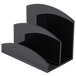 A black plastic Cal-Mil hotel room packet organizer with three curved sections.