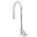 A chrome Equip by T&S wall mounted faucet with a long lever handle.