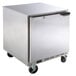 A Beverage-Air stainless steel undercounter freezer with a left hinged door.