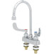 A chrome T&S deck-mounted workboard faucet with wrist action handles and gooseneck spout.
