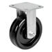 A black and silver caster wheel with a metal plate on top.