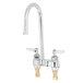 A chrome T&S deck mounted faucet with two lever handles.
