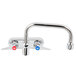 A T&S chrome wall mount faucet with double-jointed swing spout and lever handles.
