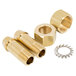 A brass threaded nut and washer set.
