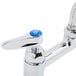 A T&S chrome deck-mounted faucet with lever handles.