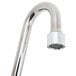 A T&S chrome wall mounted workboard faucet with gooseneck spout and lever handles.