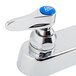 A chrome T&S deck-mounted faucet with lever handles and a gooseneck spout.