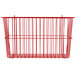 A red wire storage basket with a handle on a white background.