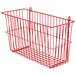 A Metro flame red wire storage basket with a handle.