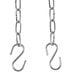 A chain with two hooks hanging from it.