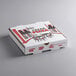 A white pizza box with red and black graphics.