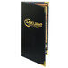 A black Menu Solutions Royal Select leather-like menu cover with gold corners and a gold word on the front.