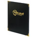 A black leather-like Menu Solutions menu cover with gold trim.