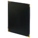 A black rectangular leather menu cover with gold trim.