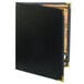 A black leather folder with gold trim.