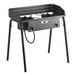 A black rectangular Backyard Pro outdoor range with two burners on a table.