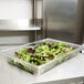 A Rubbermaid clear polycarbonate food storage box on a counter filled with a salad of green and red leaves.