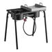 A black and silver Backyard Pro double burner outdoor range on a table.