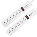 Two white Innovera 6-outlet surge protectors.