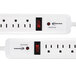 Two white Innovera power strips with red rectangular buttons.