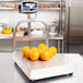 A Tor Rey waterproof digital receiving bench scale with a tower display weighing a group of oranges.