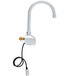 A silver Fisher wall mounted hands-free sensor faucet with a gooseneck spout.