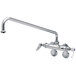 A T&S chrome wall mount faucet with lever handles and a 14" swing spout.