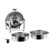 A stainless steel round chafer with a roll-top lid, accompanied by two removable food pans and a small fuel holder, all displayed separately.