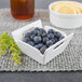 A white 10 Strawberry Street Whittier porcelain bowl with handles filled with blueberries on a table with a bowl of lemons.
