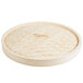 A round wooden bamboo steamer cover with a handle.