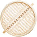 A round bamboo steamer with wooden handles.