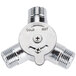A close-up of a stainless steel Equip by T&S wall mounted metal valve with two holes.
