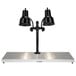 A Hanson Heat Lamps black carving station with two metal lamps over a heated metal shelf.