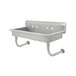 A stainless steel Advance Tabco hand sink with 3 holes and 2 hooks on the side.