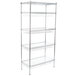 A chrome wire shelving unit with 4 baskets and 1 wire shelf.
