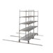 A grey MetroMax Q mobile shelving unit with metal posts and wheels for two shelves.