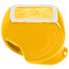 A yellow and white rectangular Fiesta dinnerware creamer with a circle on the bottom.